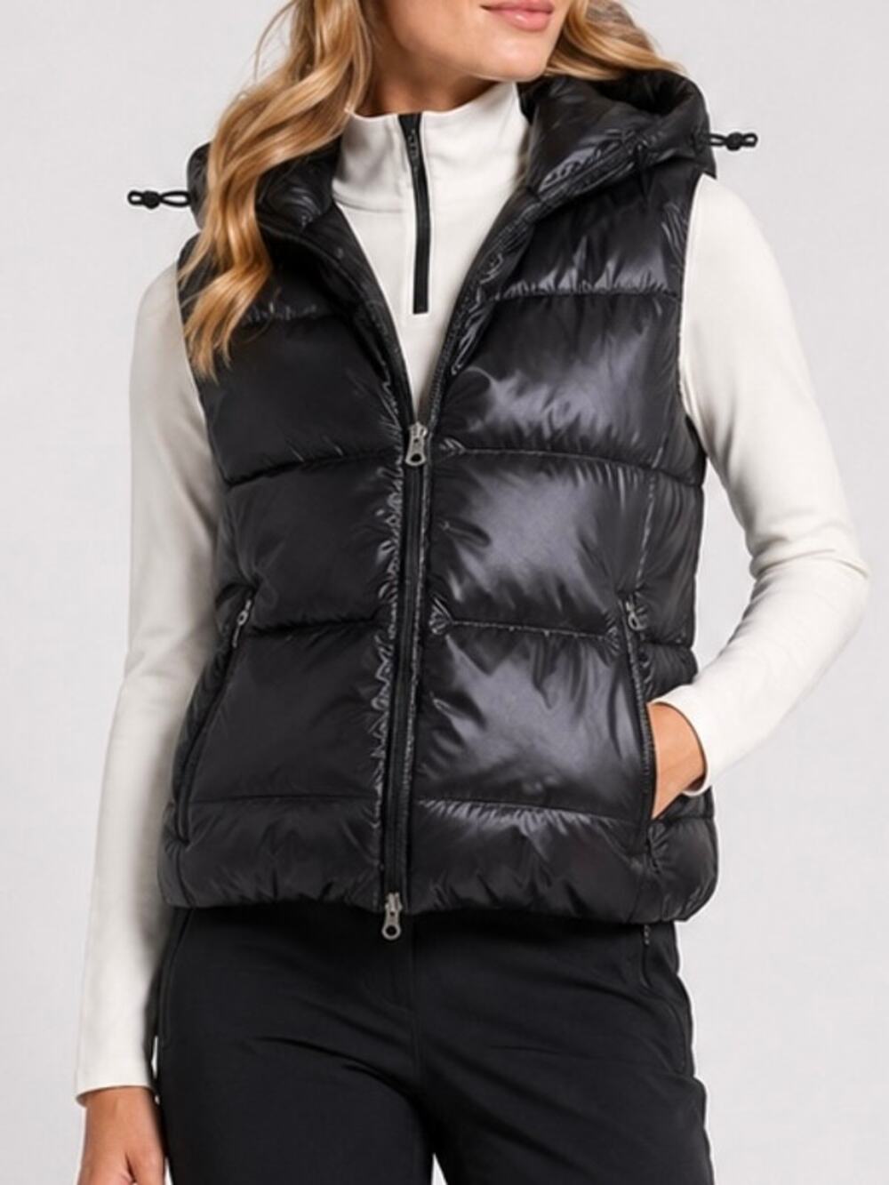 DUVETICA Goccia Goose Down Vest Shiny Black Packable Hooded Full Zip, Size 2 - 4